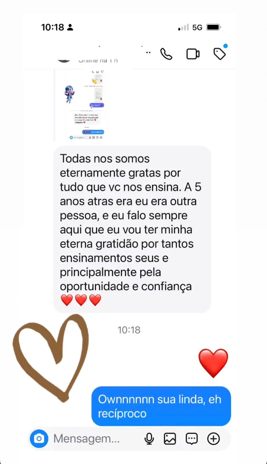 Depoimento de mentorada, print de conversa